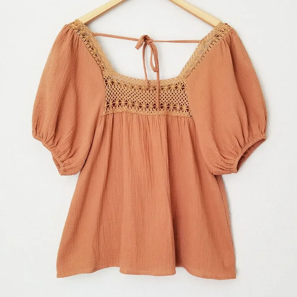 Bluivy Women's S Boho Crochet Lace Puff Sleeves Blouse Square Neck Camel Cotton - Picture 8 of 14